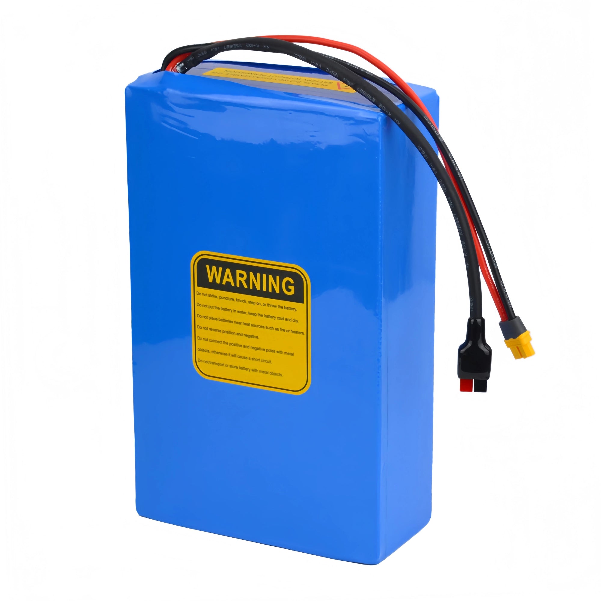 Rear view of 72V 30Ah lithium battery pack with safety warning label, XT60 connector and durable blue PVC casing