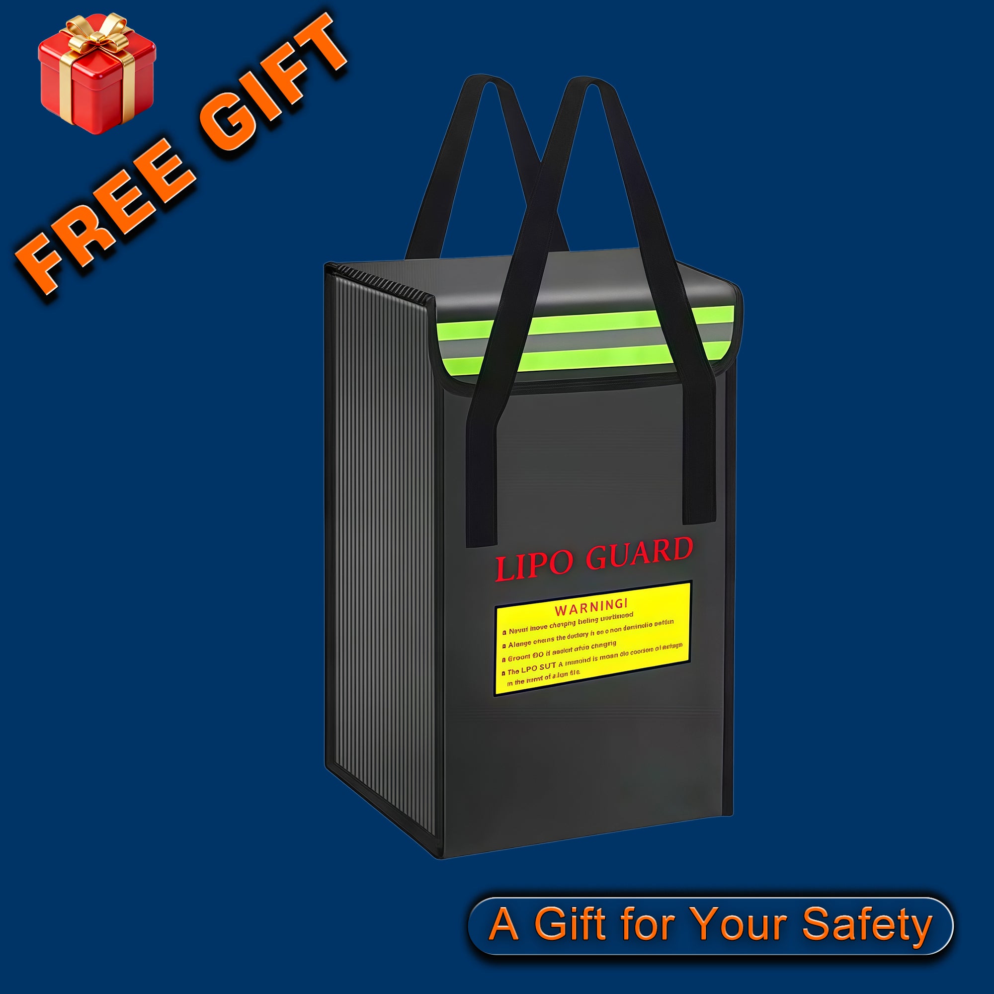BOANT free included gift — Lipo Guard lithium battery safety bag, included with battery purchase for safe charging and storage. Warning label visible on bag.