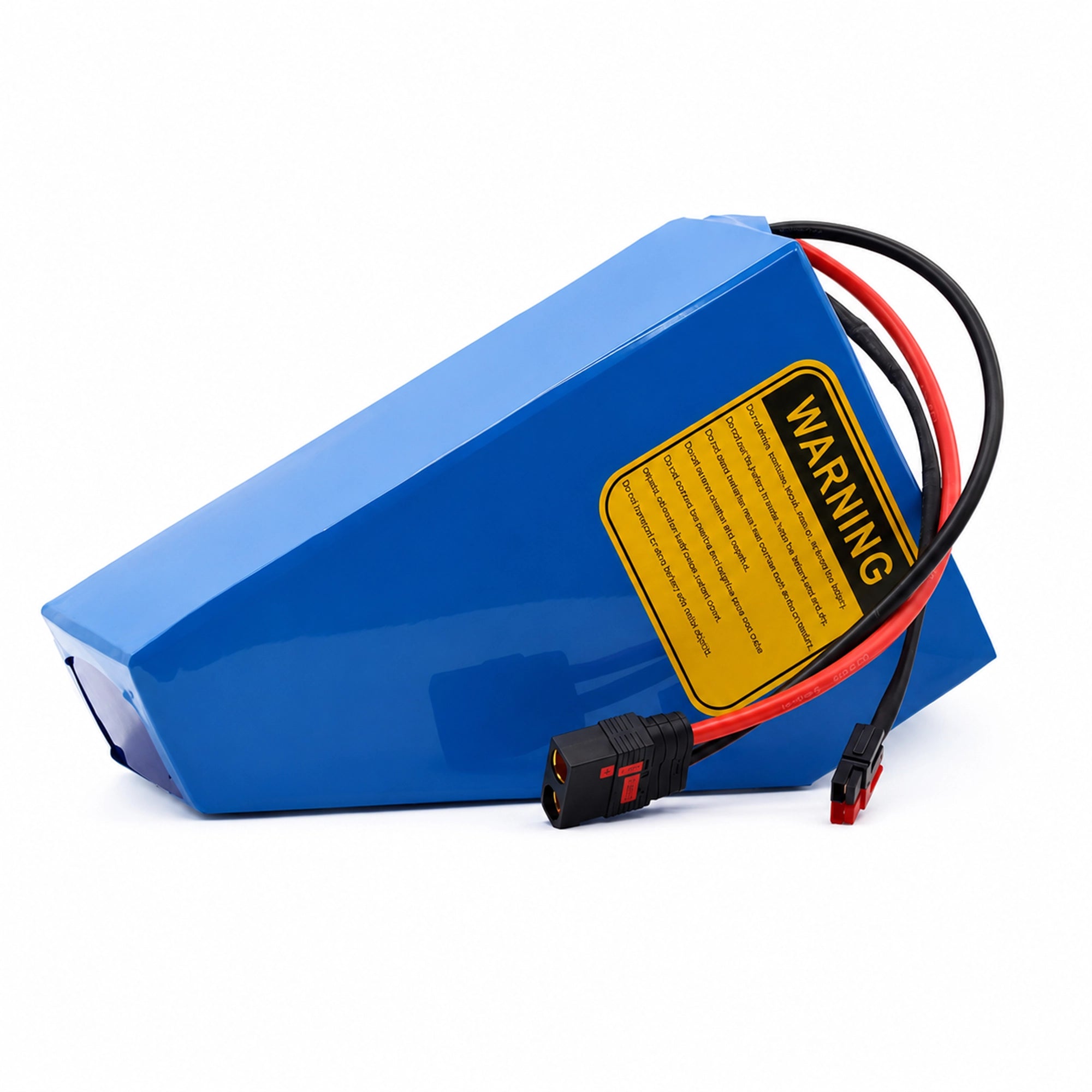 Rear view of BOOANT 52V 20Ah triangle lithium battery featuring durable blue PVC casing, integrated discharge cables, and compact frame-friendly design for eBike applications.