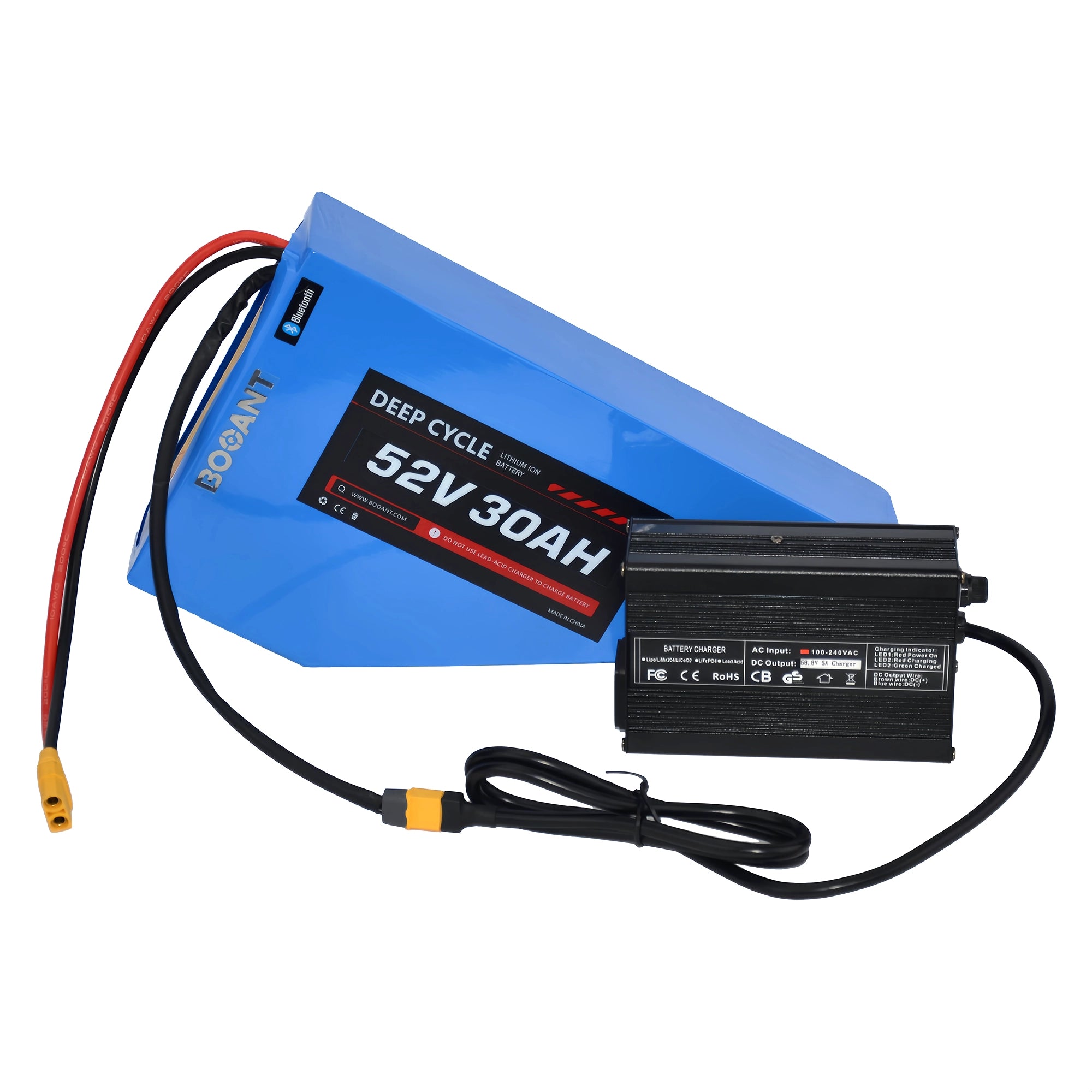 BOOANT 52V 30AH triangular battery and charger connected