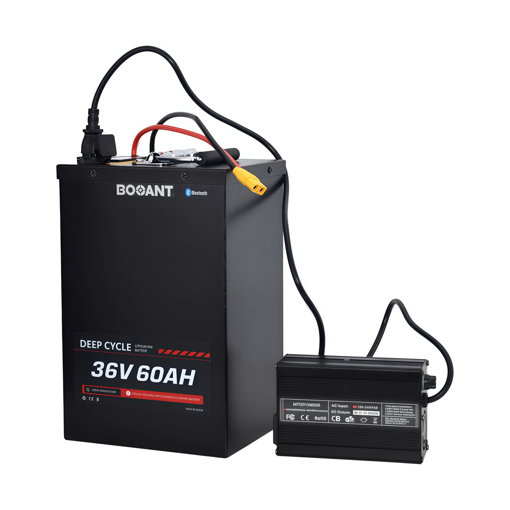 BOOANT 36V 60Ah metal case lithium battery pack connected to a 42V 10A smart charger, featuring Bluetooth BMS, XT60 connector, rugged aluminum housing, and fast, reliable charging for electric bikes, scooters, tricycles, and custom 36V applications.