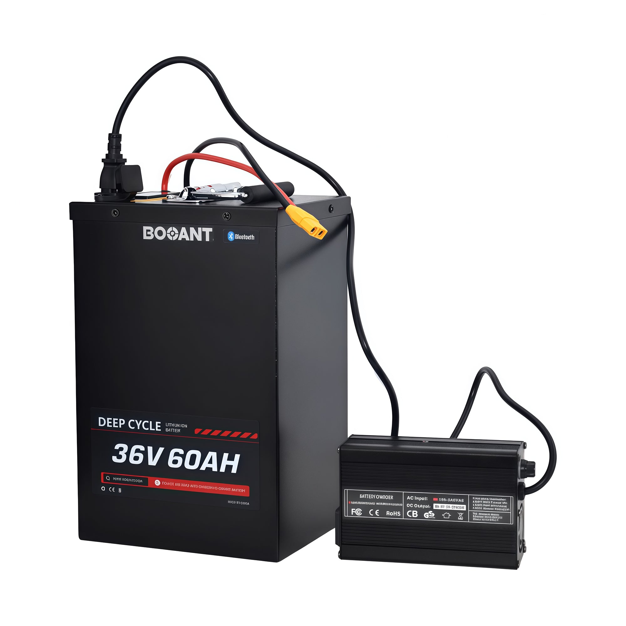 BOOANT 36V 60Ah metal case lithium battery pack connected to a 42V 10A smart charger, featuring Bluetooth BMS, XT60 connector, rugged aluminum housing, and fast, reliable charging for electric bikes, scooters, tricycles, and custom 36V applications.