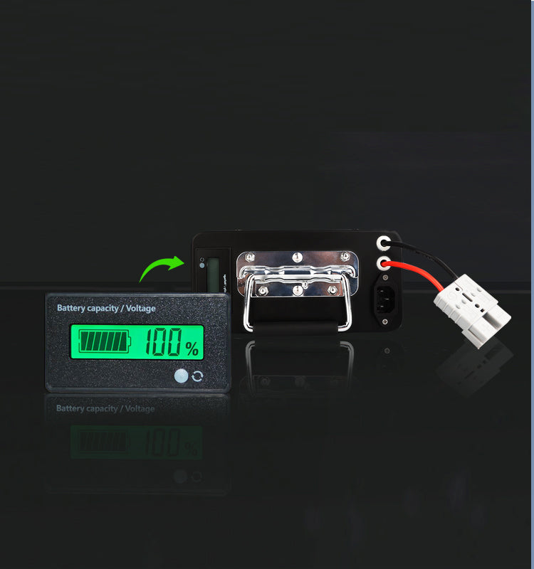 An LED screen used to monitor battery voltage, available capacity, and live charging status.