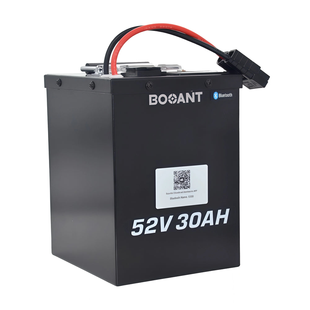 BOANT 52V 30AH lithium ebike battery with Bluetooth smart BMS — high-capacity electric bike battery for long-range riding, showing brand logo and voltage specs on durable casing.