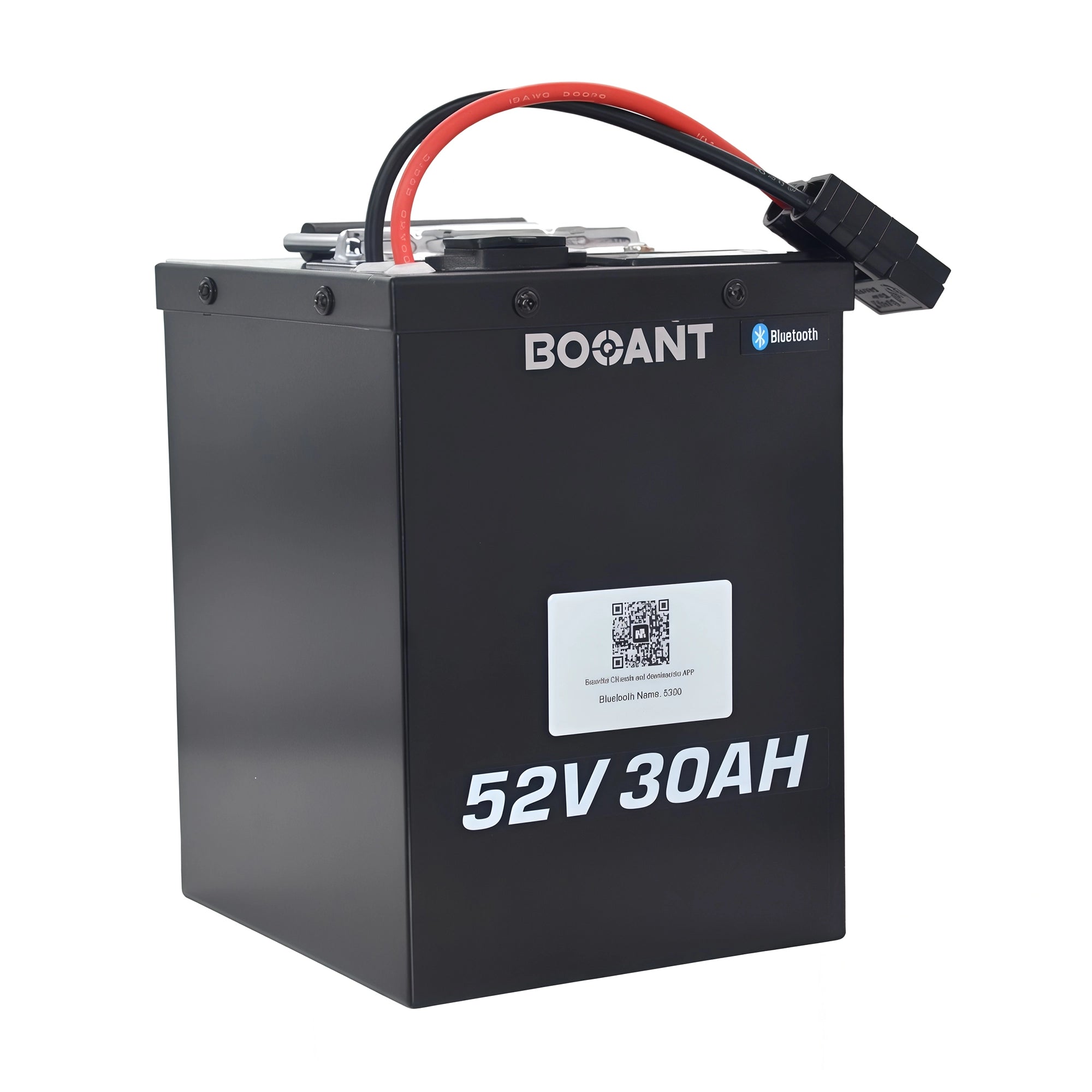 BOANT 52V 30AH lithium ebike battery with Bluetooth smart BMS — high-capacity electric bike battery for long-range riding, showing brand logo and voltage specs on durable casing.