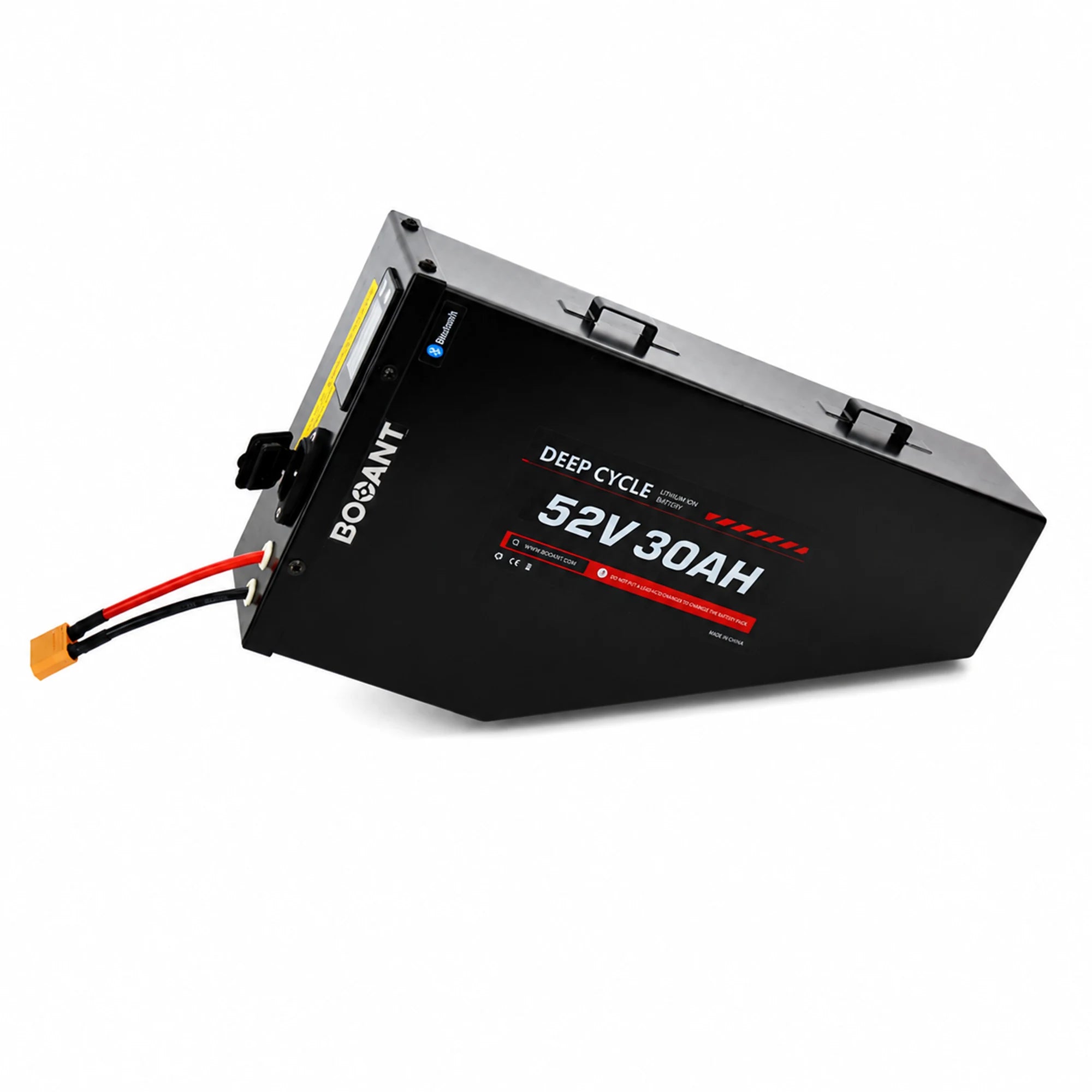 BOOANT 52V 30Ah metal case triangle ebike battery pack side view with rugged aluminum housing, LCD battery indicator, charging port, XT60 connector, and integrated mounting brackets for custom electric bike builds.