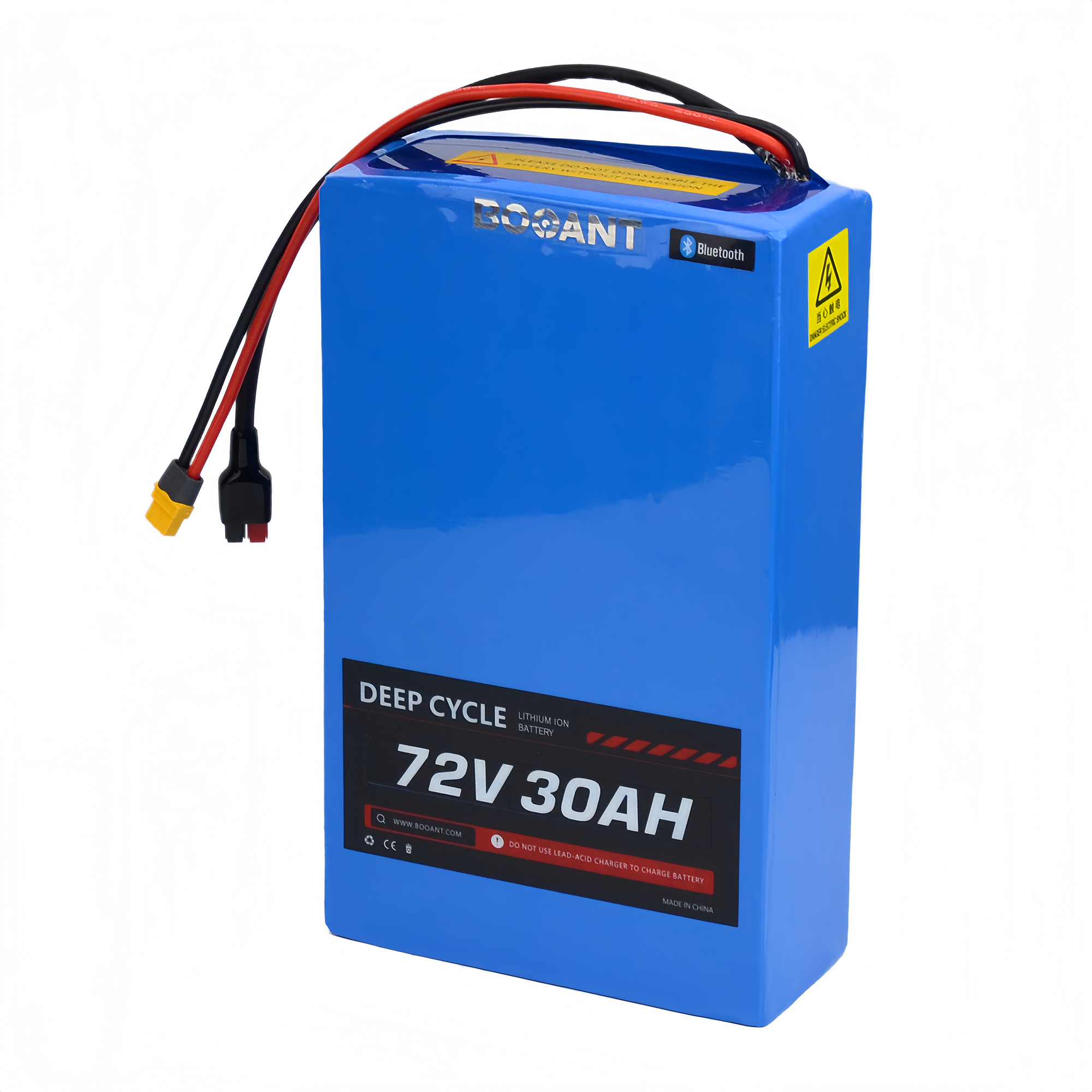 Side view of 72V 30Ah lithium battery pack with Bluetooth smart BMS, XT60 connector and durable blue PVC casing