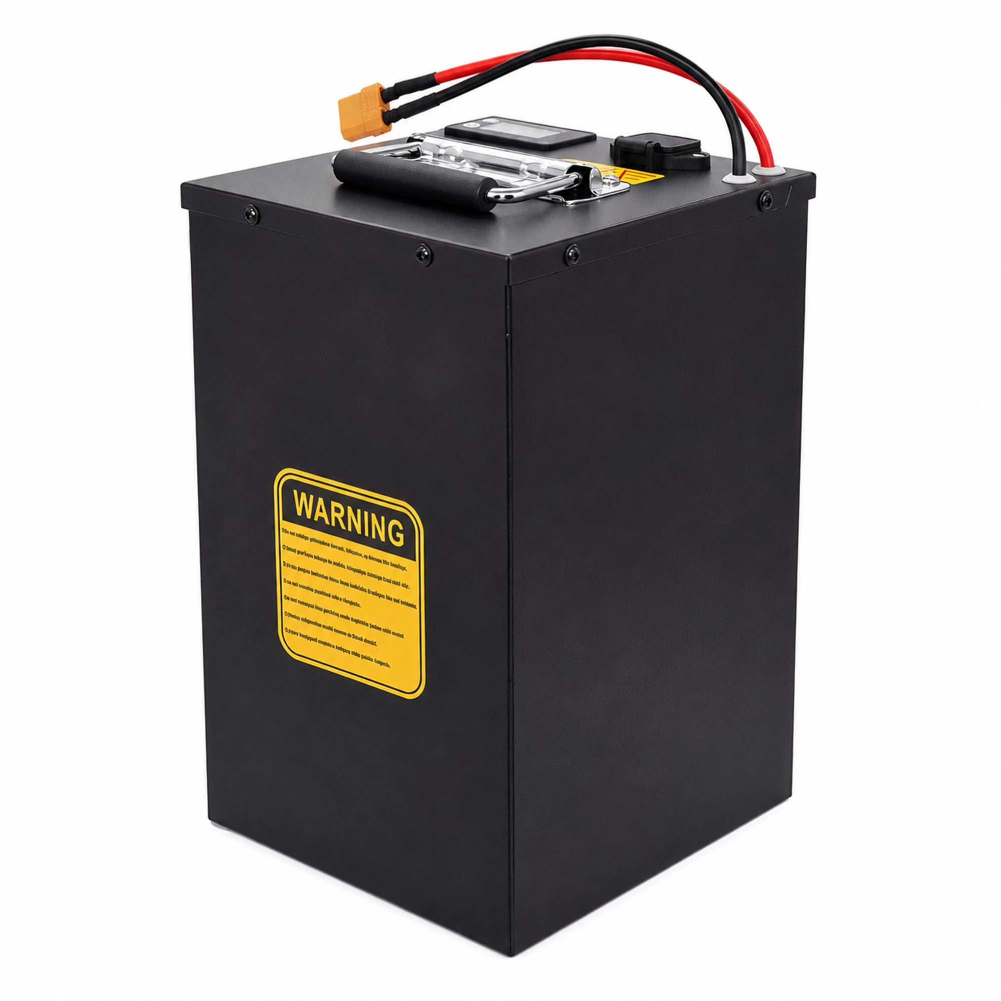 Rear view of BOOANT 48V 50Ah lithium battery pack featuring rugged metal housing, integrated handle and XT90 discharge connector