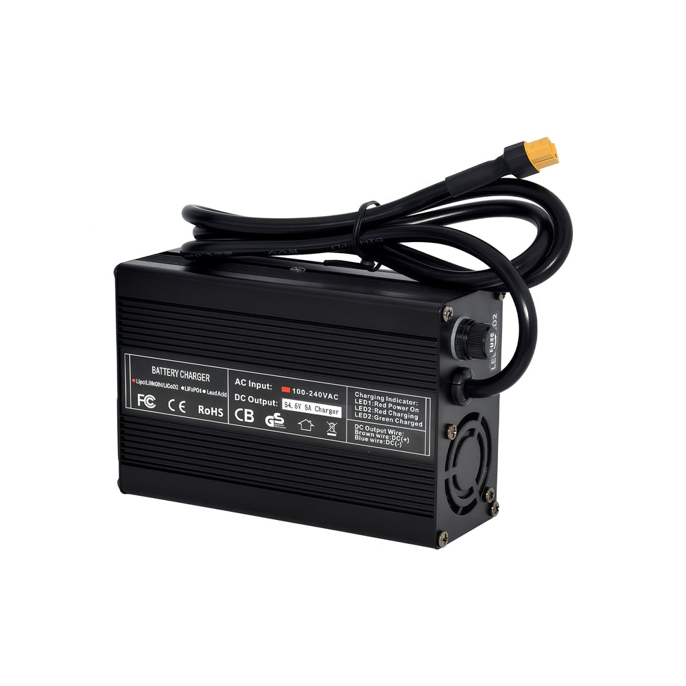 54.6V 5A Smart Lithium Battery Charger for 13S 48V Packs - Metal Housing, Cooling Fan, Dual LED Indicators & Global Plug Options