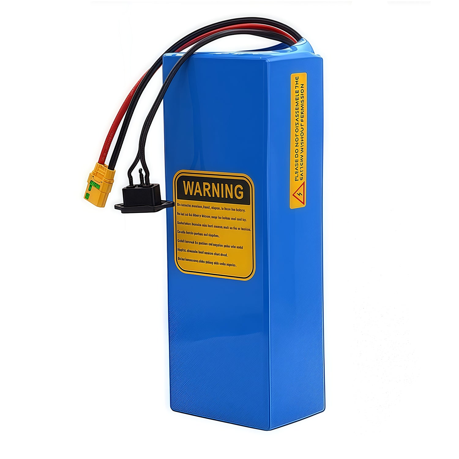 Back view of 48V 20AH lithium battery with yellow warning label - "Do not disassemble" safety instruction