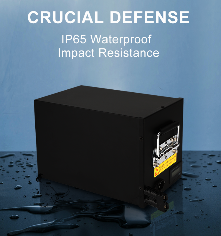 48V 50AH Battery Crucial Defense: IP65 Waterproof and Impact Resistance. 