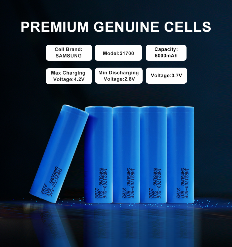 48V 50AH, Premium Genuine Cells. The benefits of genuine Samsung 21700 batteries encompass elevated energy density, prolonged lifespan, and reliable operation, positioning them as the preferred option across diverse applications.
