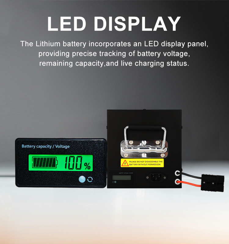 LED Display. The 48v 50ah Lithium battery incorporates an LED display panel, providing precise tracking of battery voltage, remaining capacity, and live charging status.