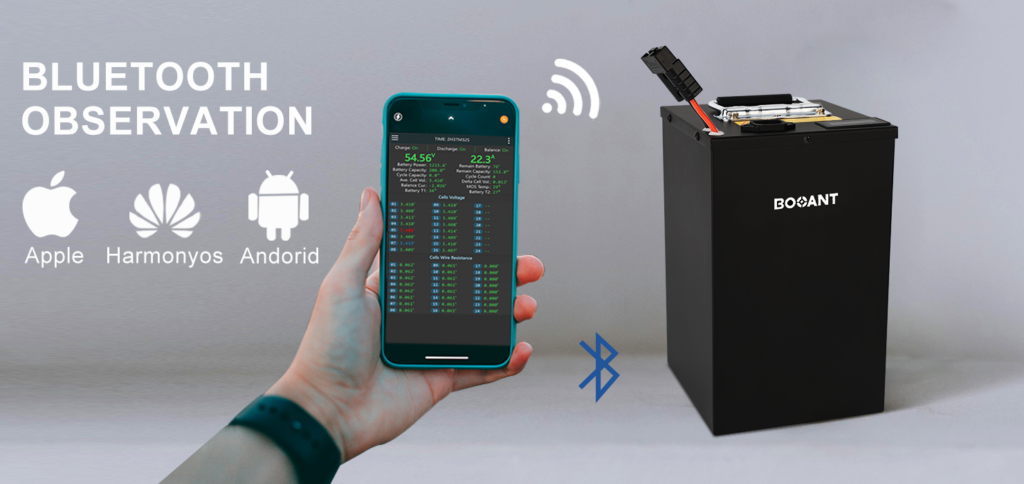 48V 50AH Lithium Battery with Bluetooth Observation. Facilitates immediate monitoring of the status of individual cells via a designated mobile application.