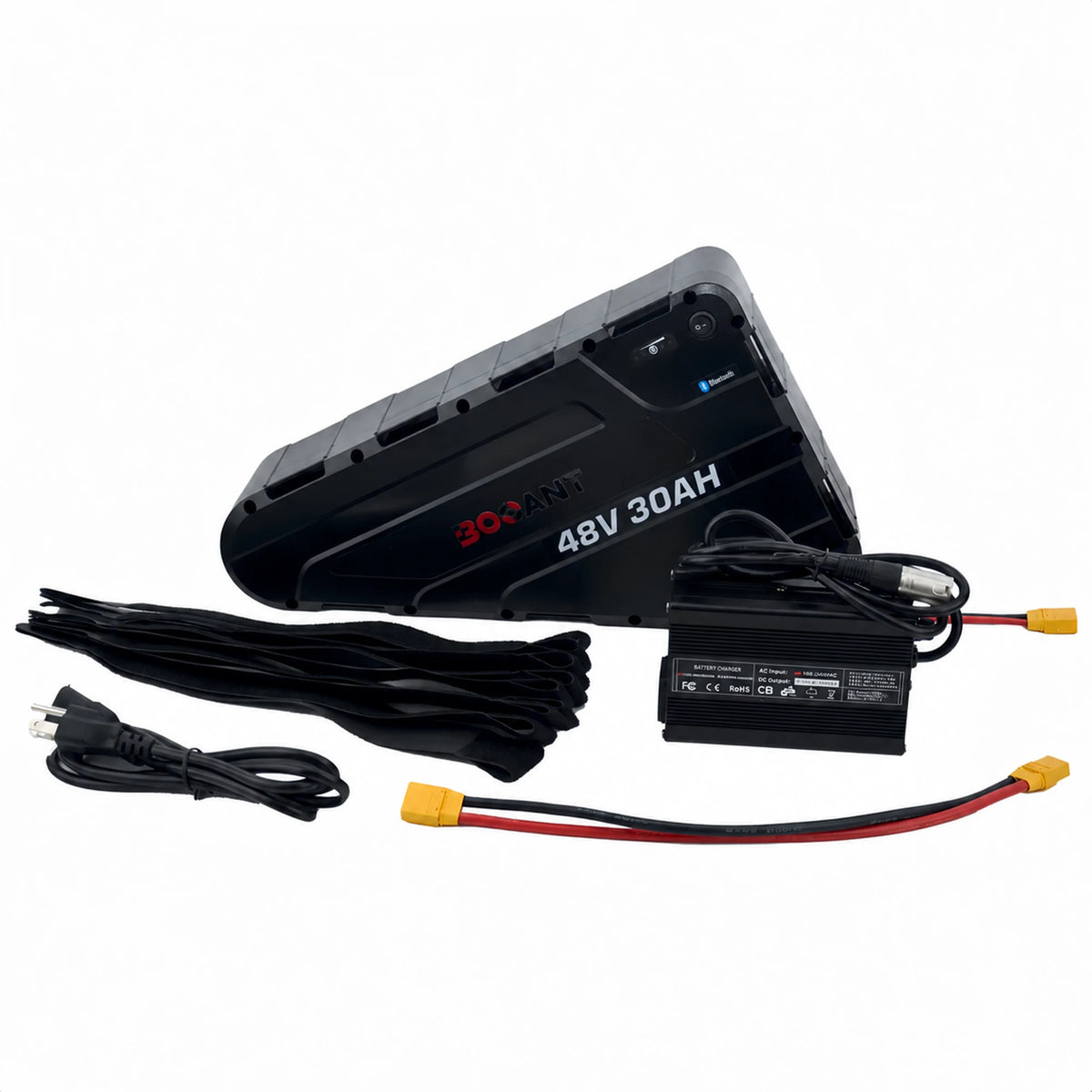 48V 30Ah ABS triangle eBike battery package including smart charger, power cable, XT90 extension cable, and mounting straps