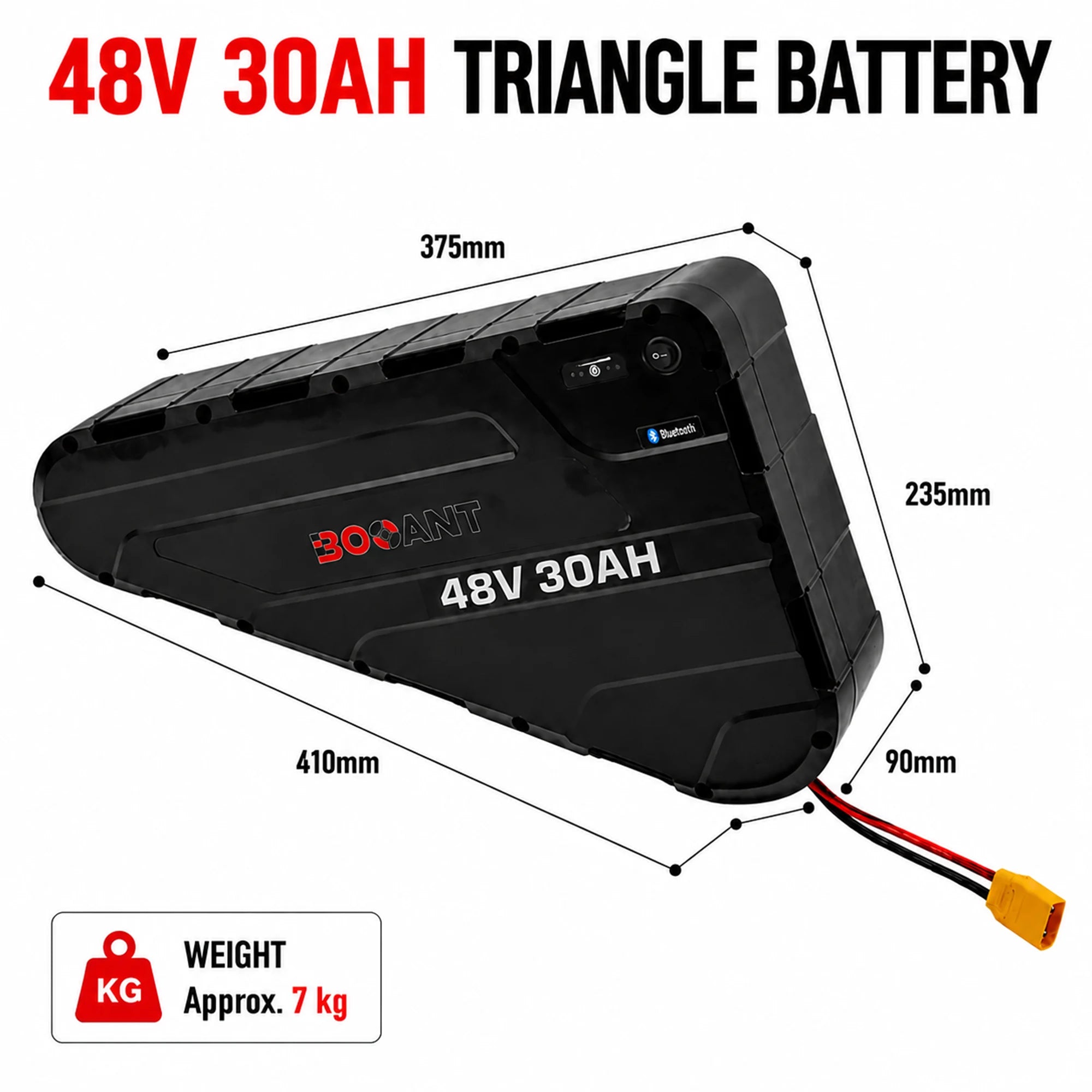 48V 30Ah ABS triangle eBike battery with dimensions and weight specifications for electric bike installation