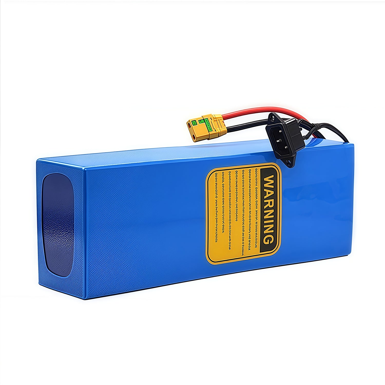 48V 20AH lithium battery lying flat with yellow warning label displaying important safety information