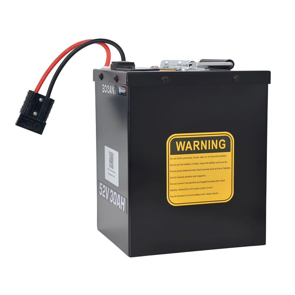 BOOANT 52V 30AH lithium battery warning label — displays battery voltage and capacity specifications with safety warning information.