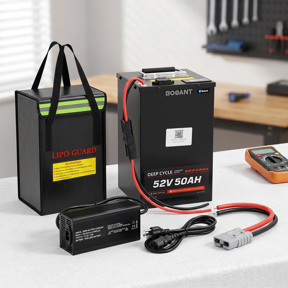 BOOANT 52V 50Ah metal case lithium battery package contents including battery, 58.8V 10A charger, power cables, and protective bag