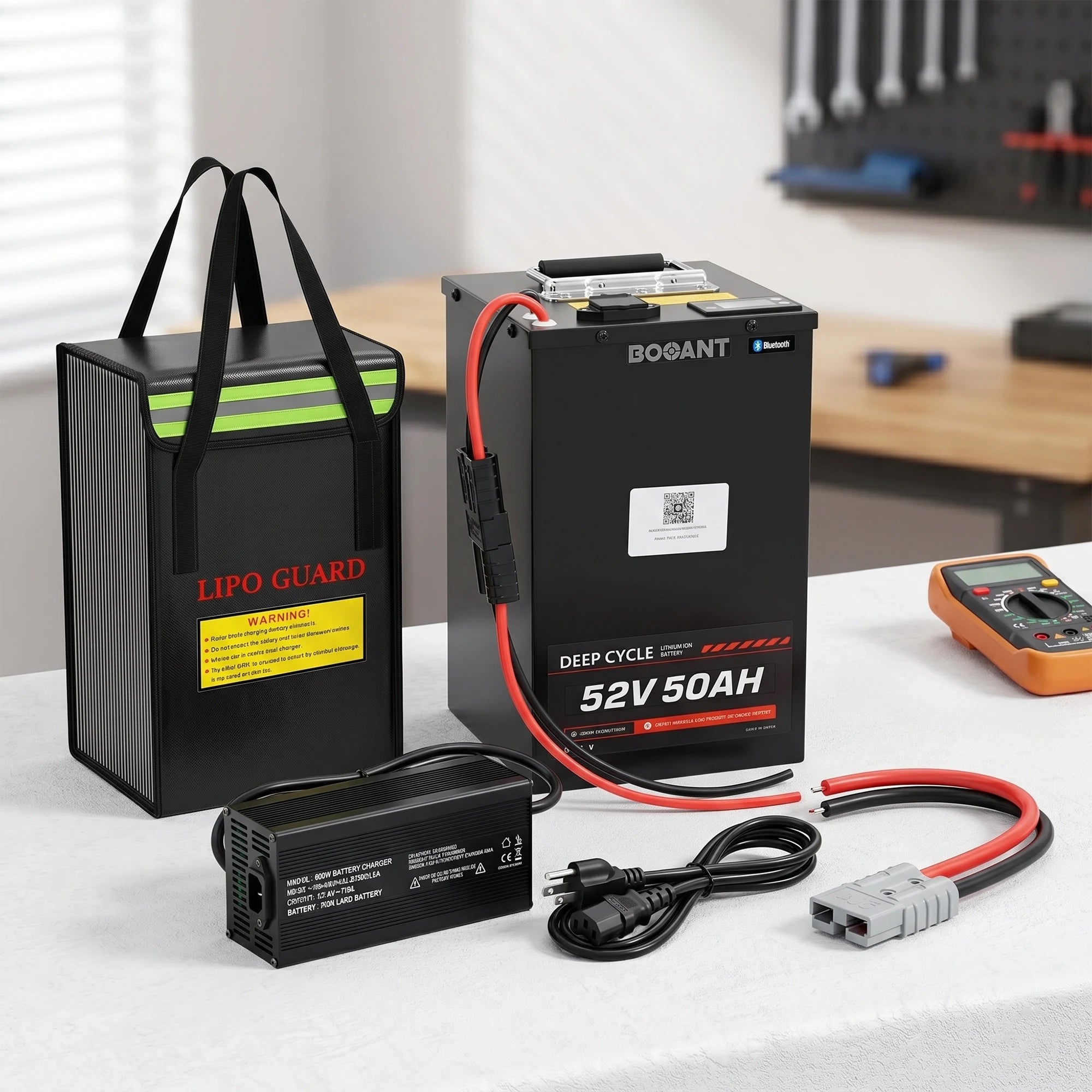 BOOANT 52V 50Ah metal case lithium battery package contents including battery, 58.8V 10A charger, power cables, and protective bag
