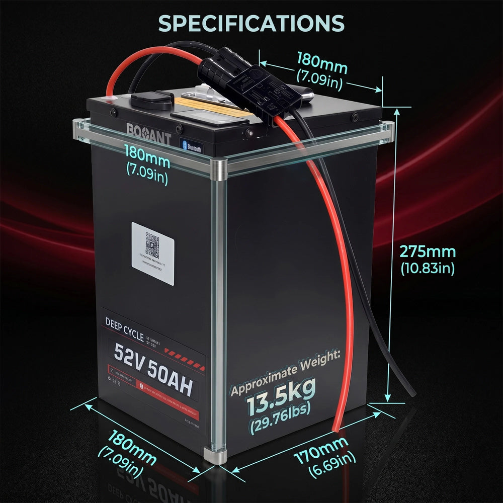 BOOANT 52V 50Ah metal case lithium battery with dimensions and weight specifications for electric bike applications