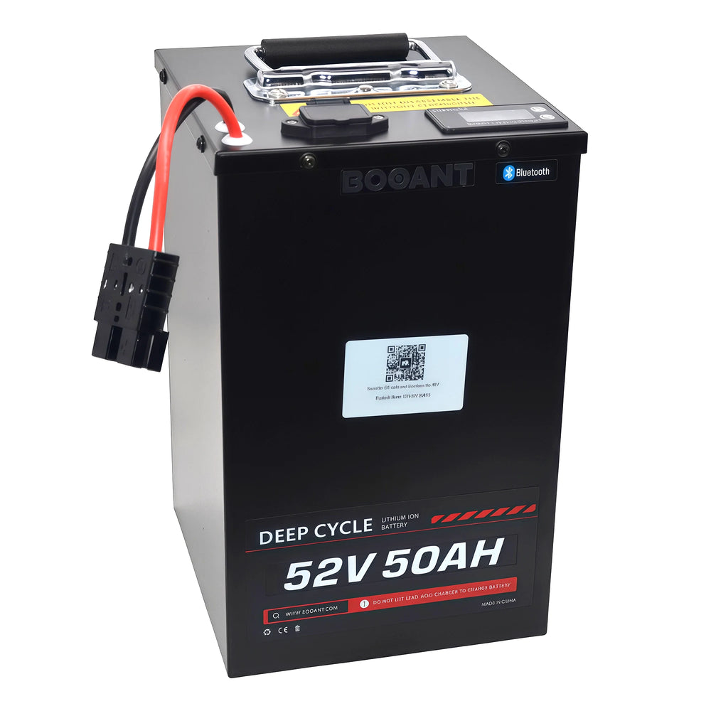 Front view of BOOANT 52V 50Ah metal case lithium battery with durable aluminum housing and Anderson power connector