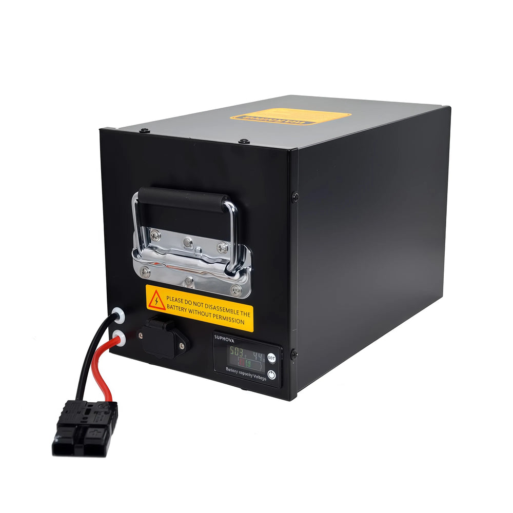 BOOANT 52V 50Ah metal case lithium battery showing rear interface, handle design, power cable, and battery display