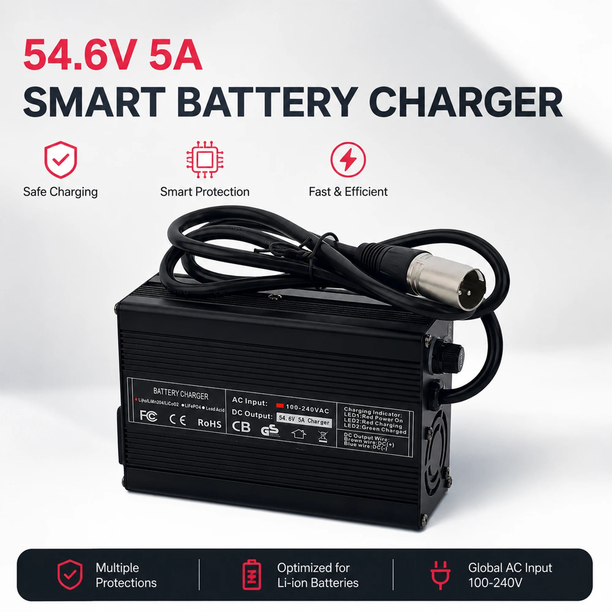 54.6V 5A smart charger included with 48V eBike battery pack for safe and efficient charging