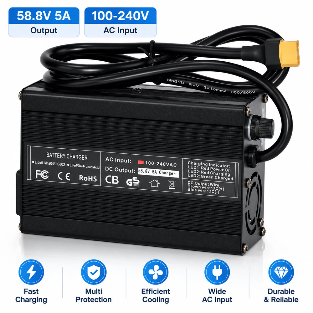 58.8V 5A fast smart lithium battery charger with 100-240V wide AC input, heavy-duty black aluminum alloy casing, active cooling fan, XT60/XT90 output connector, and multi-protection certification.