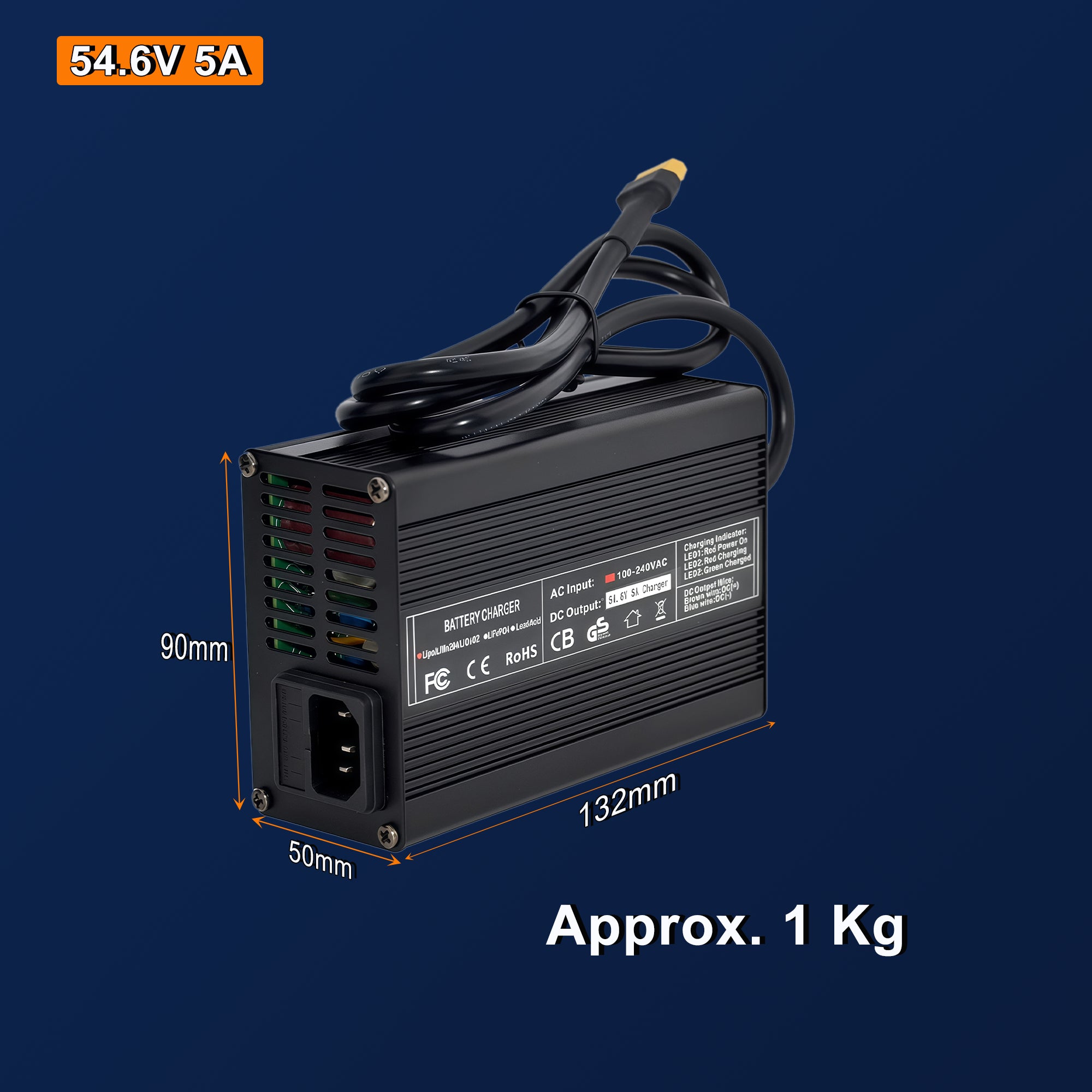 54.6V 5A Smart Lithium Battery Charger for 13S 48V Packs - Metal Housing, Cooling Fan, Dual LED Indicators & Global Plug Options