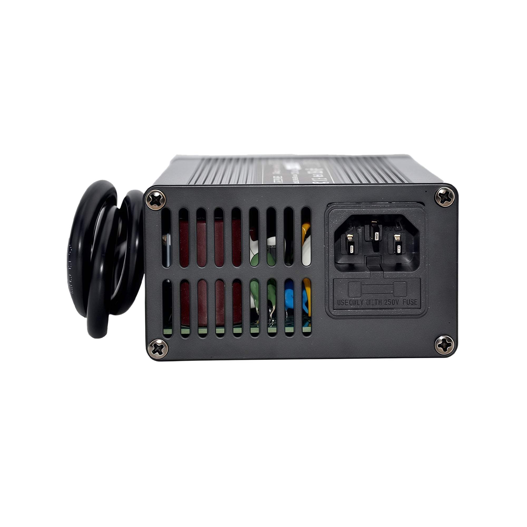 54.6V 5A Smart Lithium Battery Charger for 13S 48V Packs - Metal Housing, Cooling Fan, Dual LED Indicators & Global Plug Options