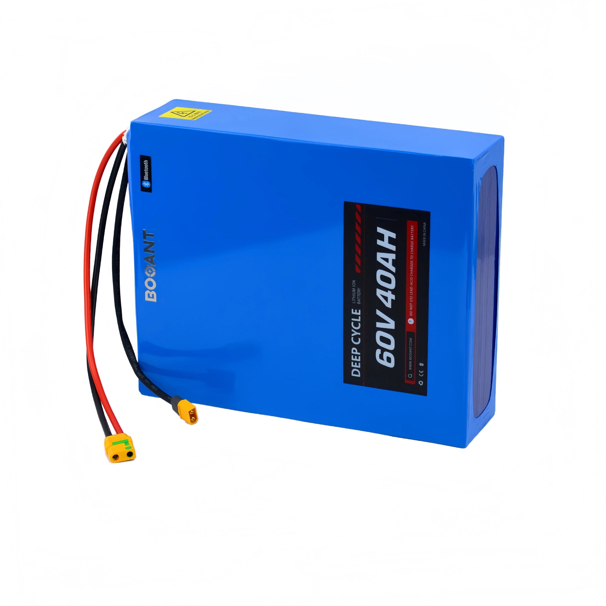 BOOANT 60V 40Ah deep cycle lithium-ion battery pack in blue PVC wrap with smart Bluetooth. Features heavy-duty 10AWG cables and authentic XT90 discharge connectors, isolated on a white background.