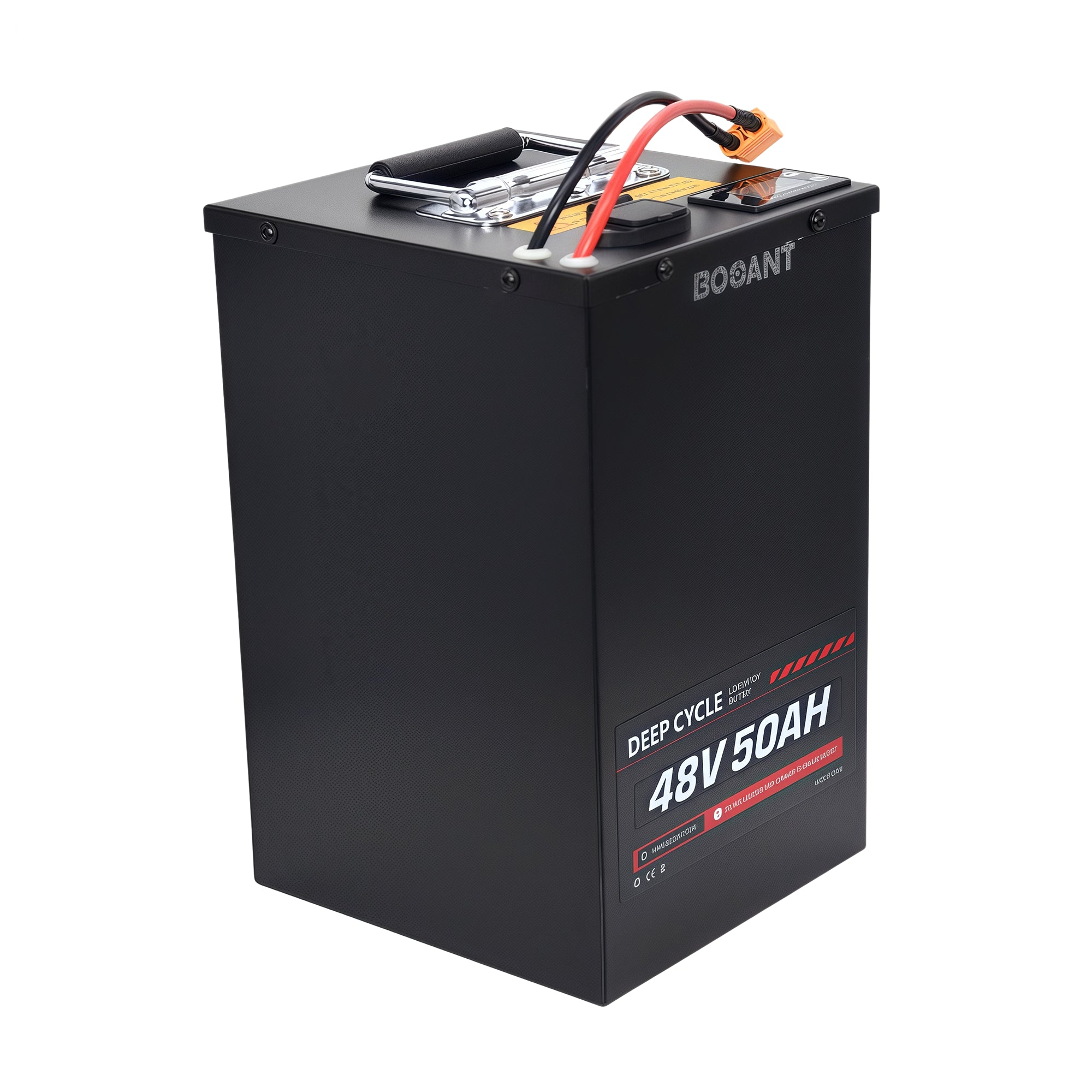 Side profile view of BOOANT 48V 50Ah lithium battery showing sleek metal casing, product labeling