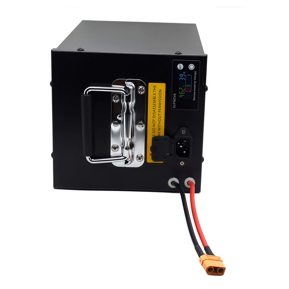 Side view of BOOANT 48V 50Ah lithium battery pack with LCD battery monitor, charging port, carry handle and XT90 discharge connector