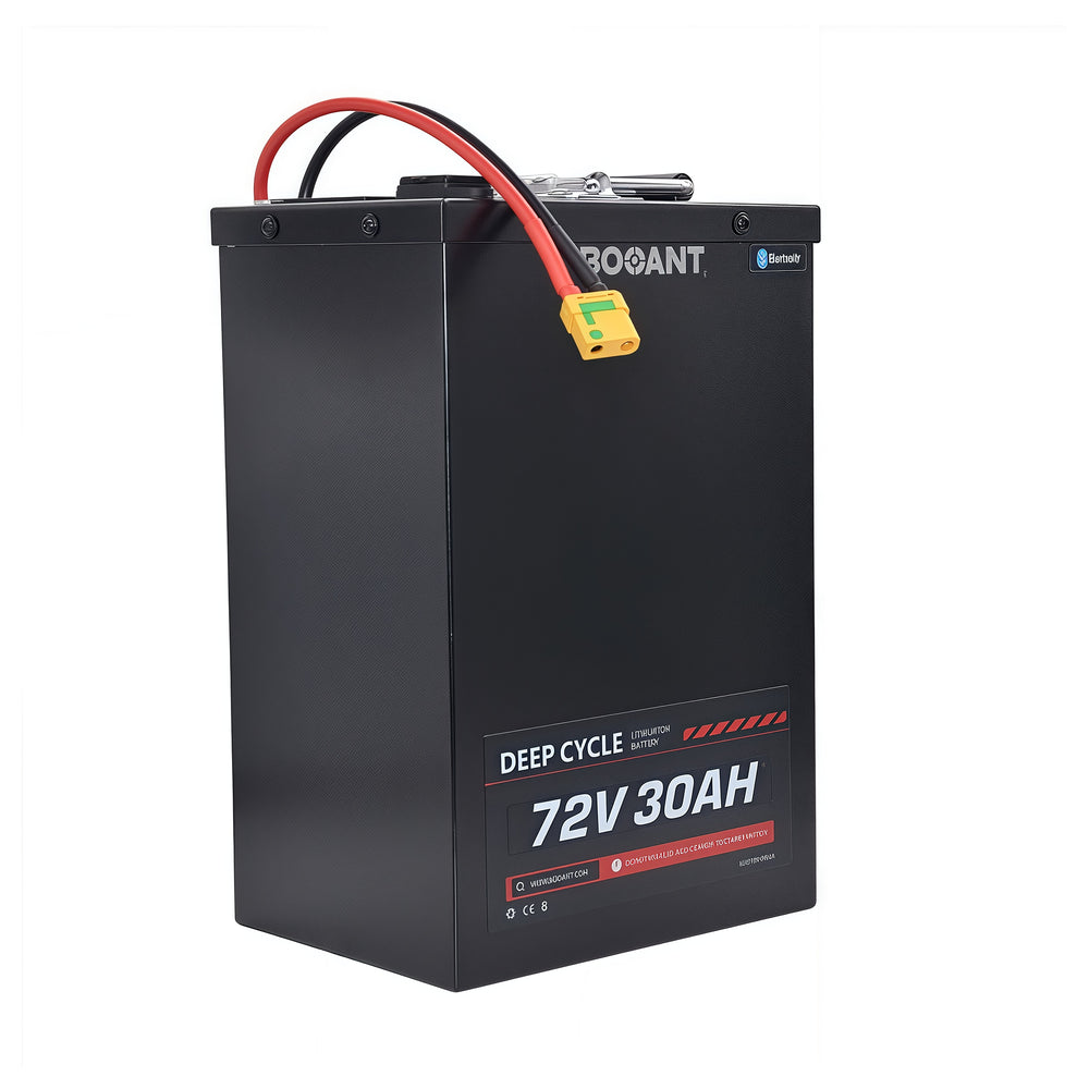 Angled side view of the BOOANT 72V 30Ah lithium battery with Samsung 21700 50G cells, Bluetooth BMS, and durable metal case