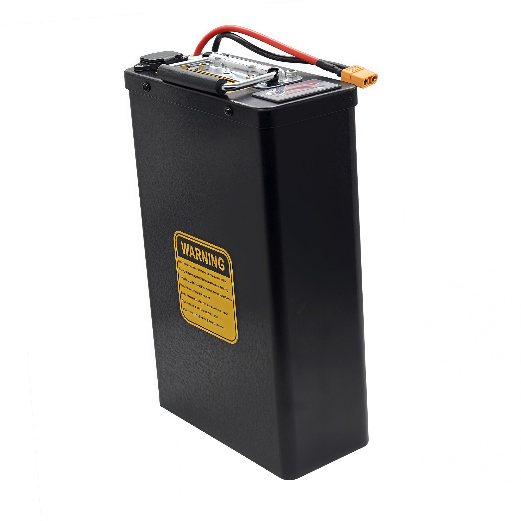 Back side of BOOANT 60V 30Ah lithium battery showing yellow safety warning label with usage instructions and precautions