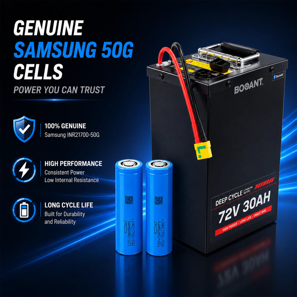 Genuine Samsung INR21700-50G 5000mAh lithium-ion cells used in BOOANT 72V 30Ah battery packs for reliable performance and long cycle life