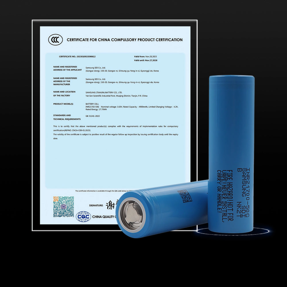 High-Performance Samsung INR21700-50G Cells for BOOANT 72V 20Ah eBike Battery, Certified 21700 Lithium-ion Cells with CCC Certification for Superior Safety and Longevity.