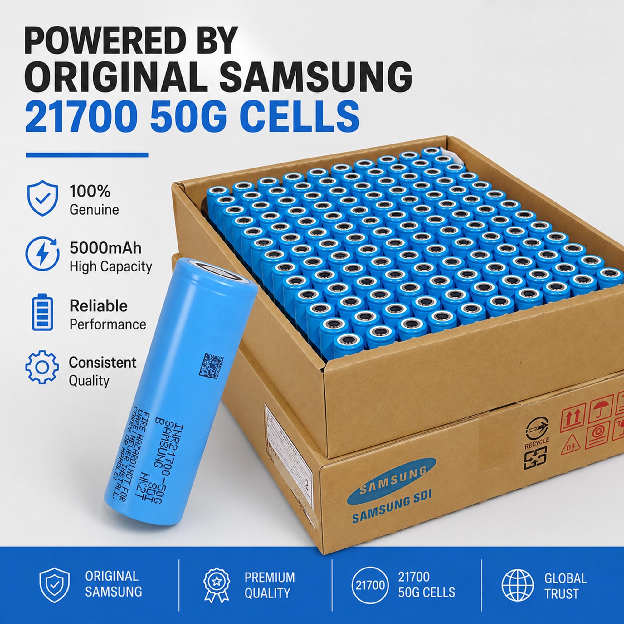 Original Samsung 21700 50G battery cells used in BOOANT 60V 30AH lithium battery packs, 5000mAh high-capacity cells for reliable performance and long cycle life