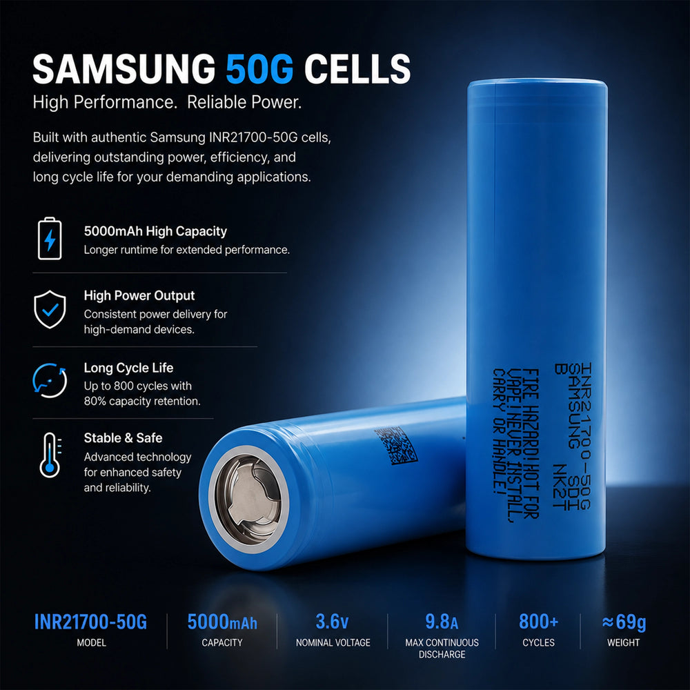 Genuine Samsung INR21700-50G lithium-ion cells with 5000mAh capacity, high power output, long cycle life and reliable performance