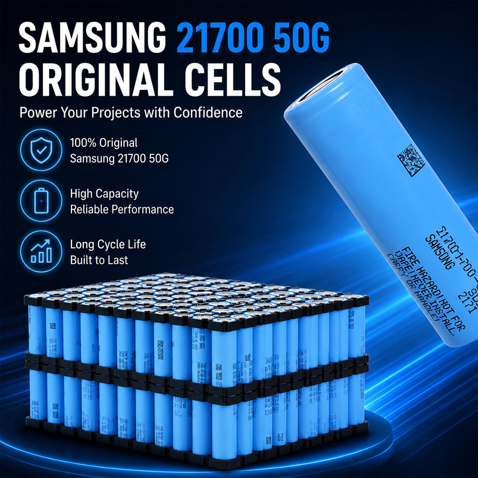 Original Samsung 21700 50G lithium-ion cells used in 72V 30Ah battery pack for high capacity, long cycle life and reliable performance