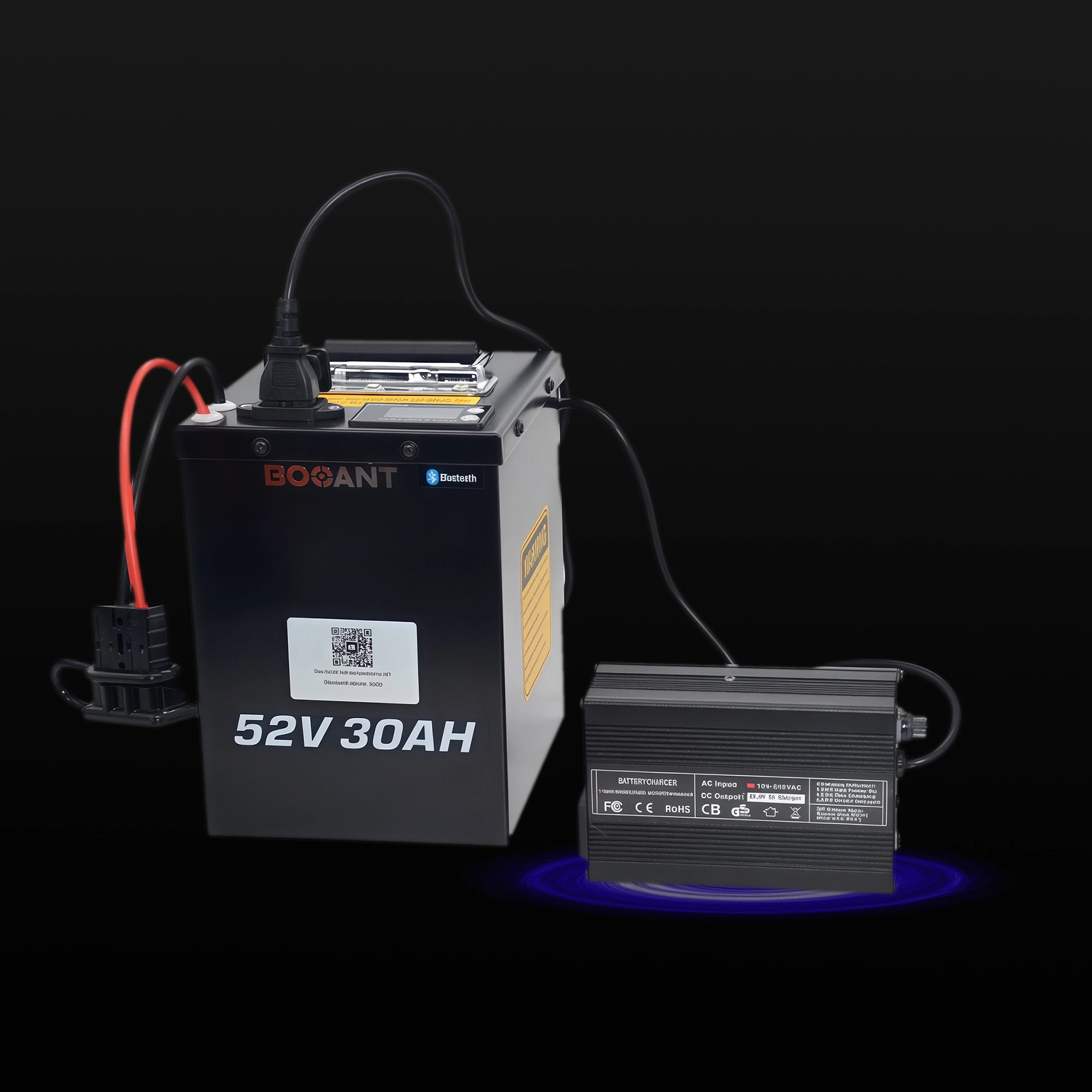 BOOANT 52V 30AH ebike battery connected to 58.8V 5A charger — showing charging setup with battery and charger unit linked together.