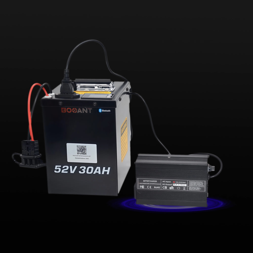 BOOANT 52V 30AH ebike battery connected to 58.8V 5A charger — showing charging setup with battery and charger unit linked together.