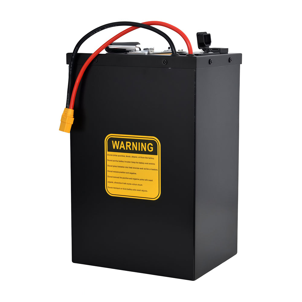 BOOANT 36V 60Ah metal case lithium battery pack rear view with rugged aluminum housing, XT60 connector, carrying handle, and durable lithium-ion battery design for electric bikes, scooters, tricycles, and custom 36V applications.