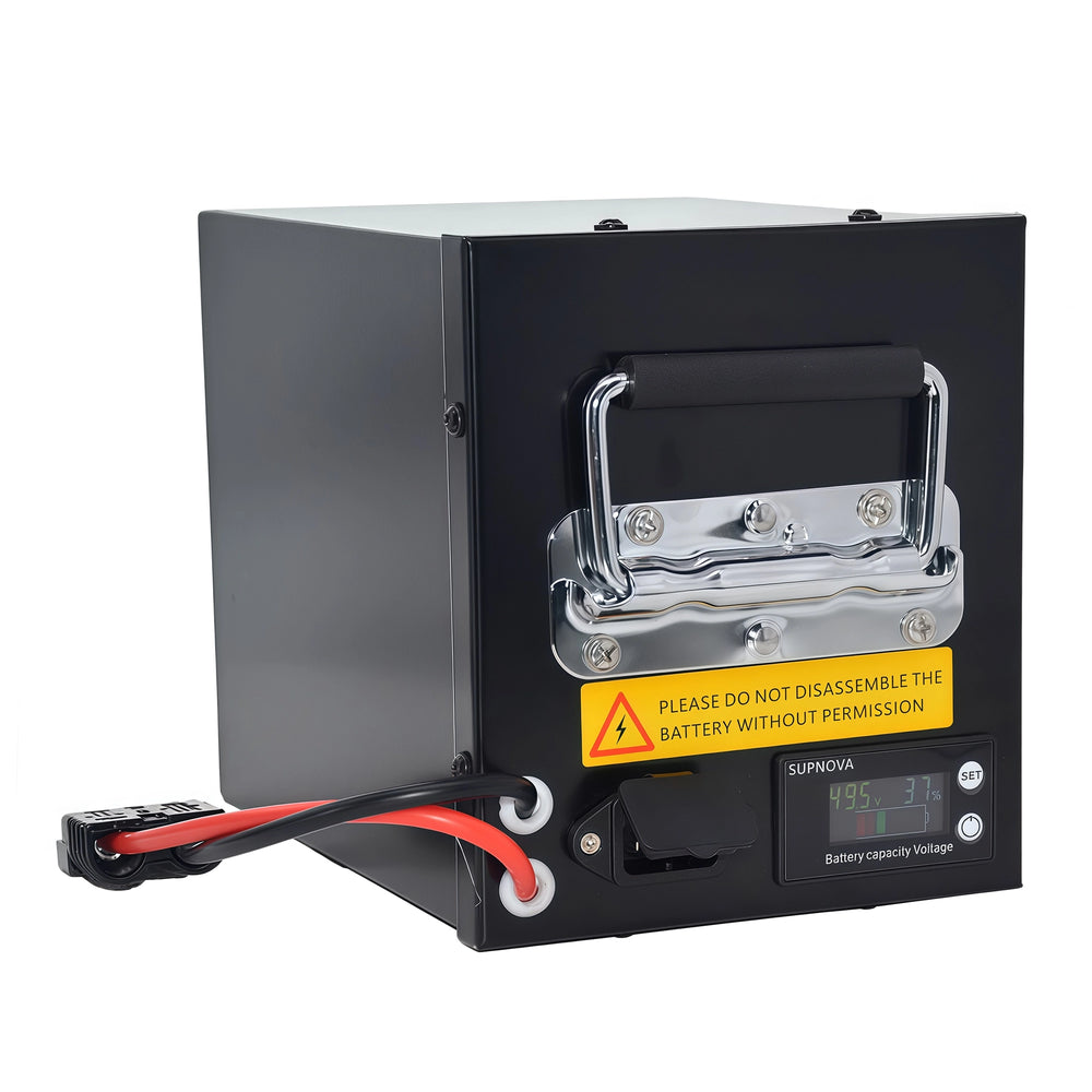 BOOANT ebike battery top cover structure — featuring built-in carry handle, discharge connector, charging port, and battery level display with SUPNOVA branded screen. Safety warning label visible advising against unauthorized disassembly.