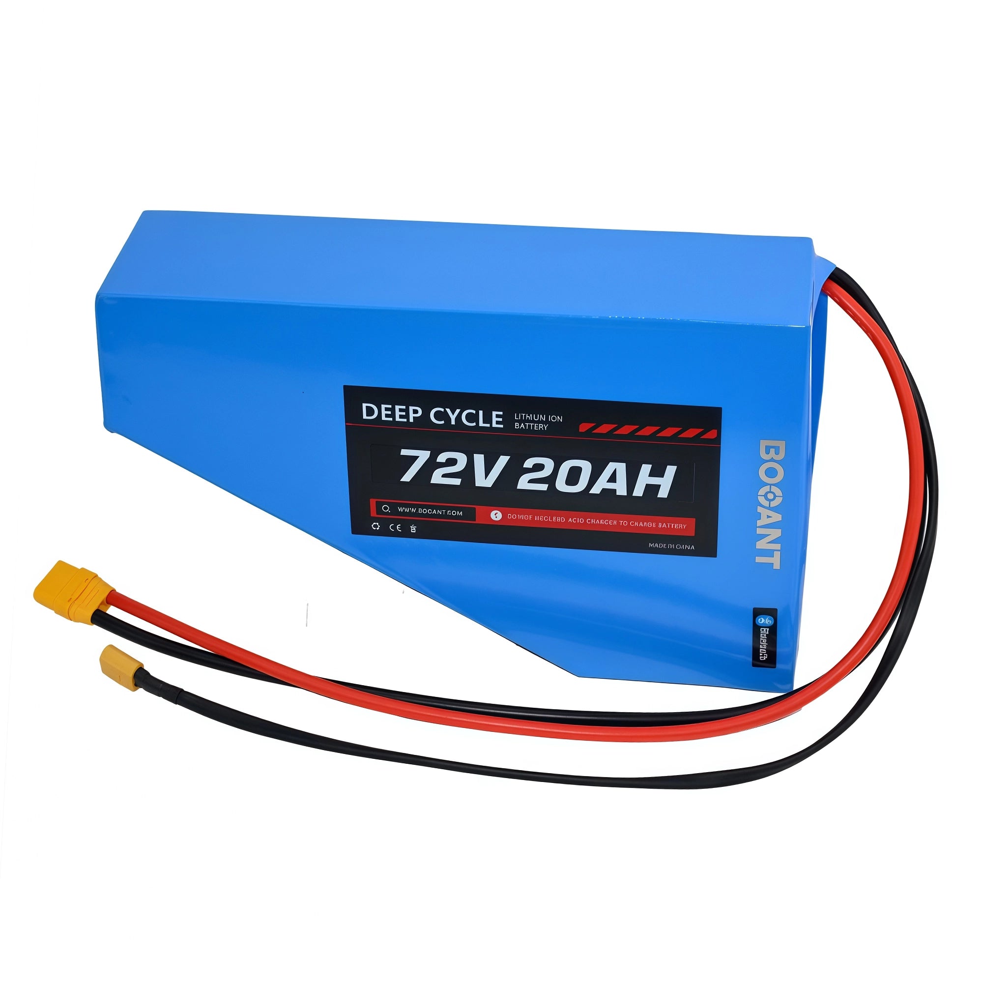 BOOANT 72V 20Ah Triangle E-bike Battery Front View, High-Performance Lithium-ion Battery with Smart Bluetooth BMS and Genuine Samsung 21700 Cells for High-Speed Electric Motorcycles.
