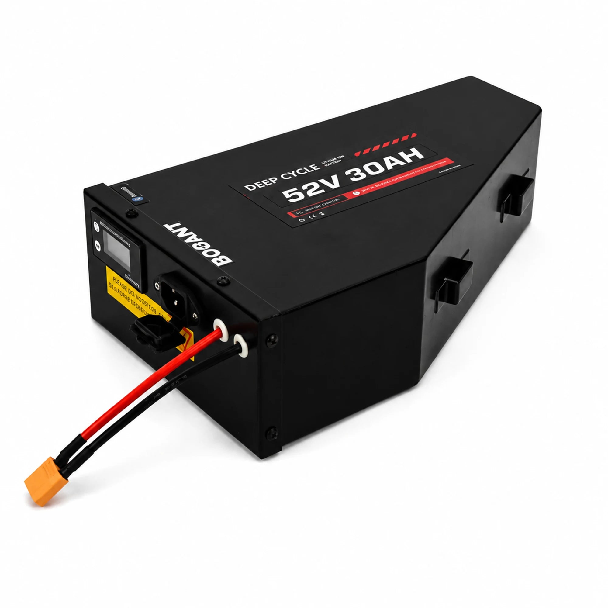 BOOANT 52V 30Ah metal case triangle ebike battery pack with LCD battery indicator, charging port, XT60 connector, rugged aluminum housing, and high-capacity lithium-ion battery for custom electric bike conversions.