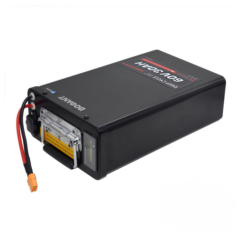 BOOANT 60V 30Ah lithium ion battery lying horizontally showing metal casing and connection ports