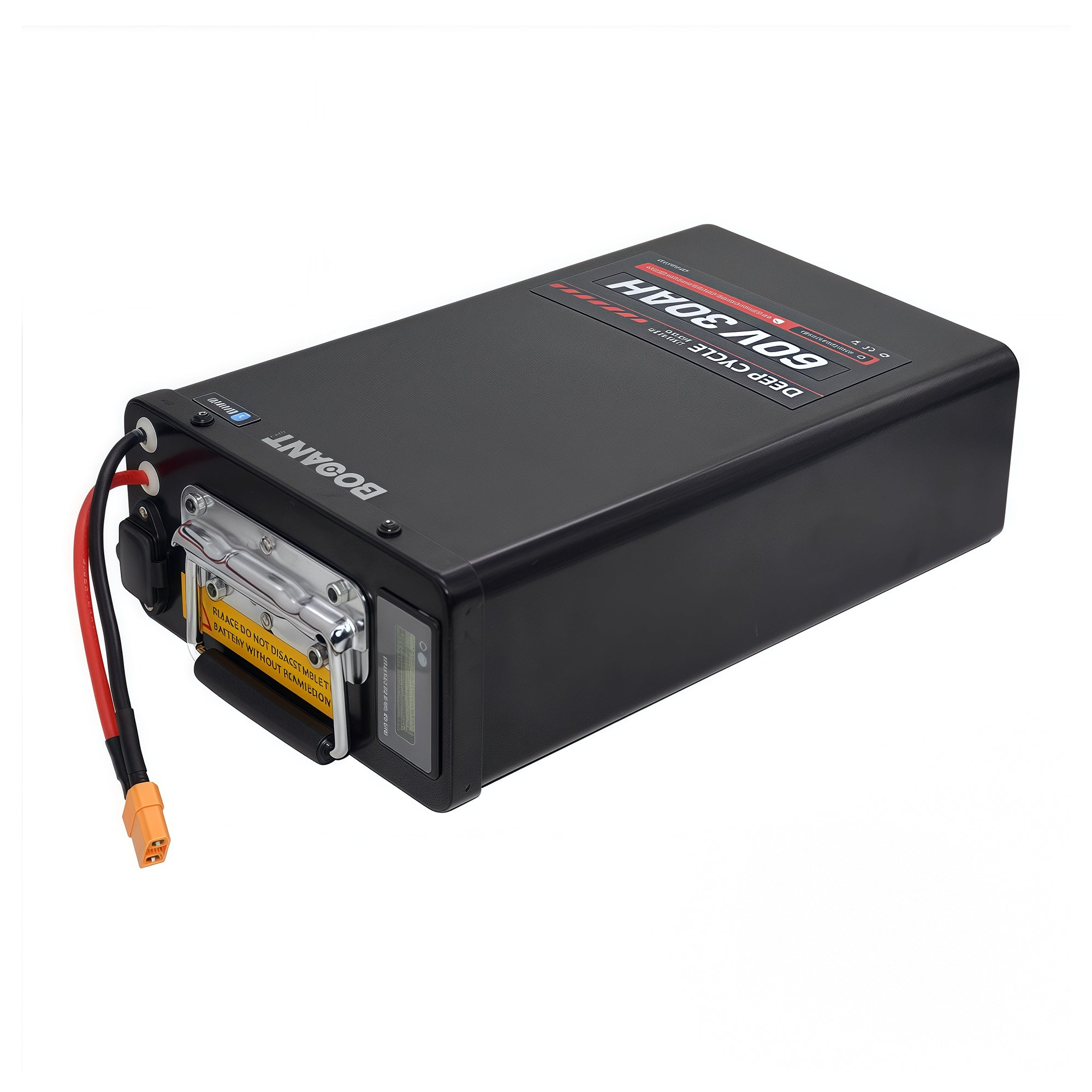 BOOANT 60V 30Ah lithium ion battery lying horizontally showing metal casing and connection ports