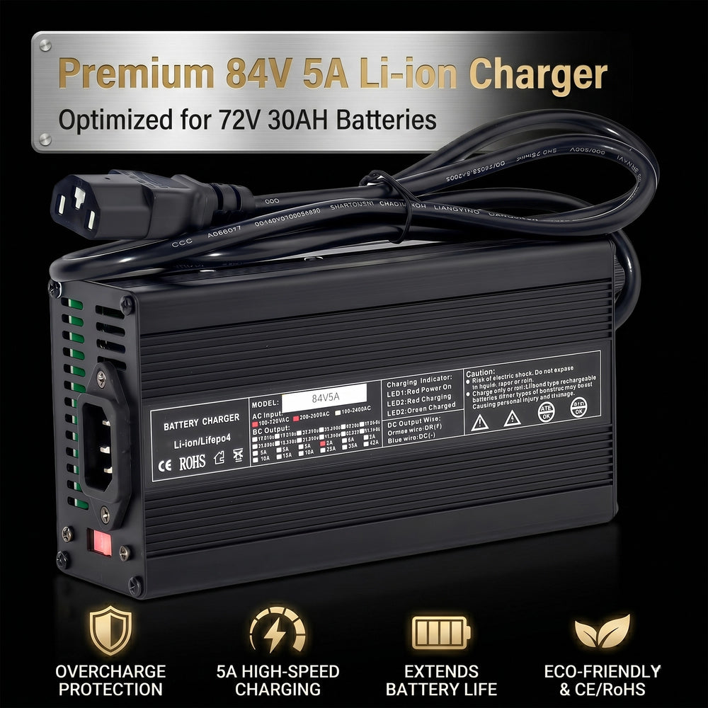 84V 5A lithium battery charger for BOOANT 72V 30Ah battery packs with fast charging, overcharge protection, and CE certification
